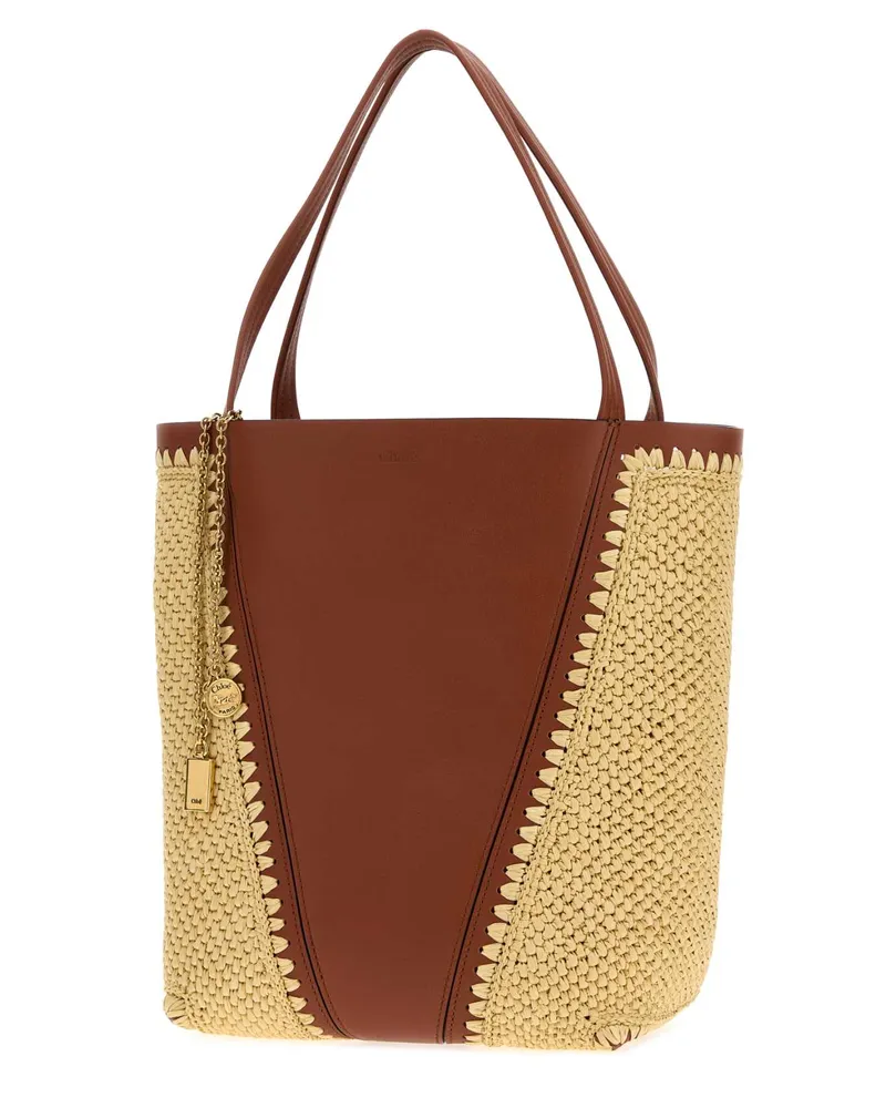 Chloé Women's Two-Tone Raffia And Leather Chloã© Spin Shopping Bag Claybrown Borse A Mano Brown