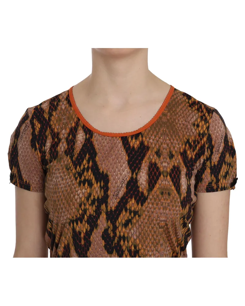 Just Cavalli Women's Snake Skin Print Short Sleeve Top T-Shirt Brown Polyamide Elastane Brown