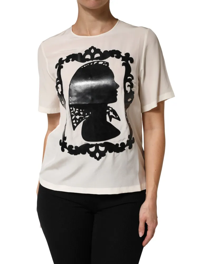 Dolce & Gabbana Women Cream Silk Silhouette Detail Short Sleeve Top Beige