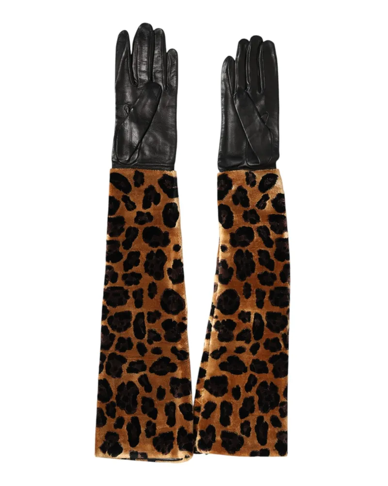 Dolce & Gabbana Women's Brown Black Leopard Leather Elbow Length Mitten Gloves And Vi+lamb Brown