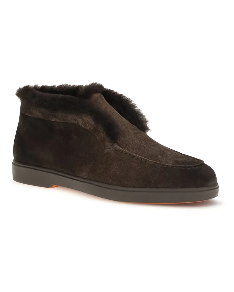 Santoni Women's Suede Shearling Ankle Boots Dark Brown Brown