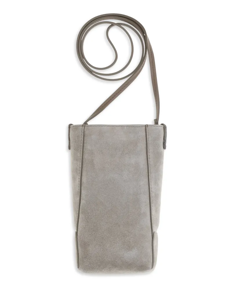 Brunello Cucinelli Women's Cell Phone Case Bc Duo Suede Ice Calf Leather Make Up Bags Gray