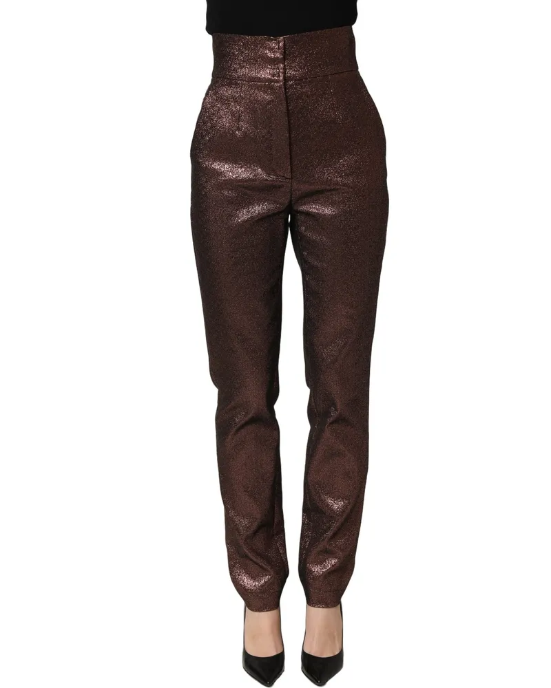 Dolce & Gabbana Women Metallic Brown High Waist Tapered Leg Pants Brown