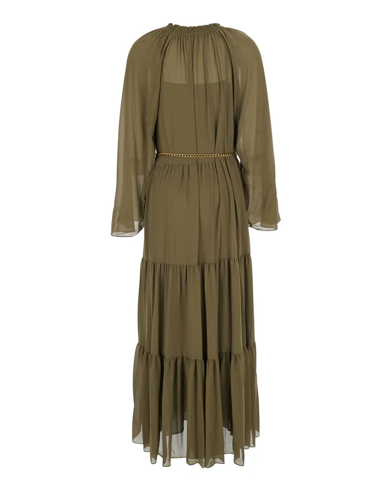 Michael Kors Women Long Dress With Bow And Chain, Green Polyester Green