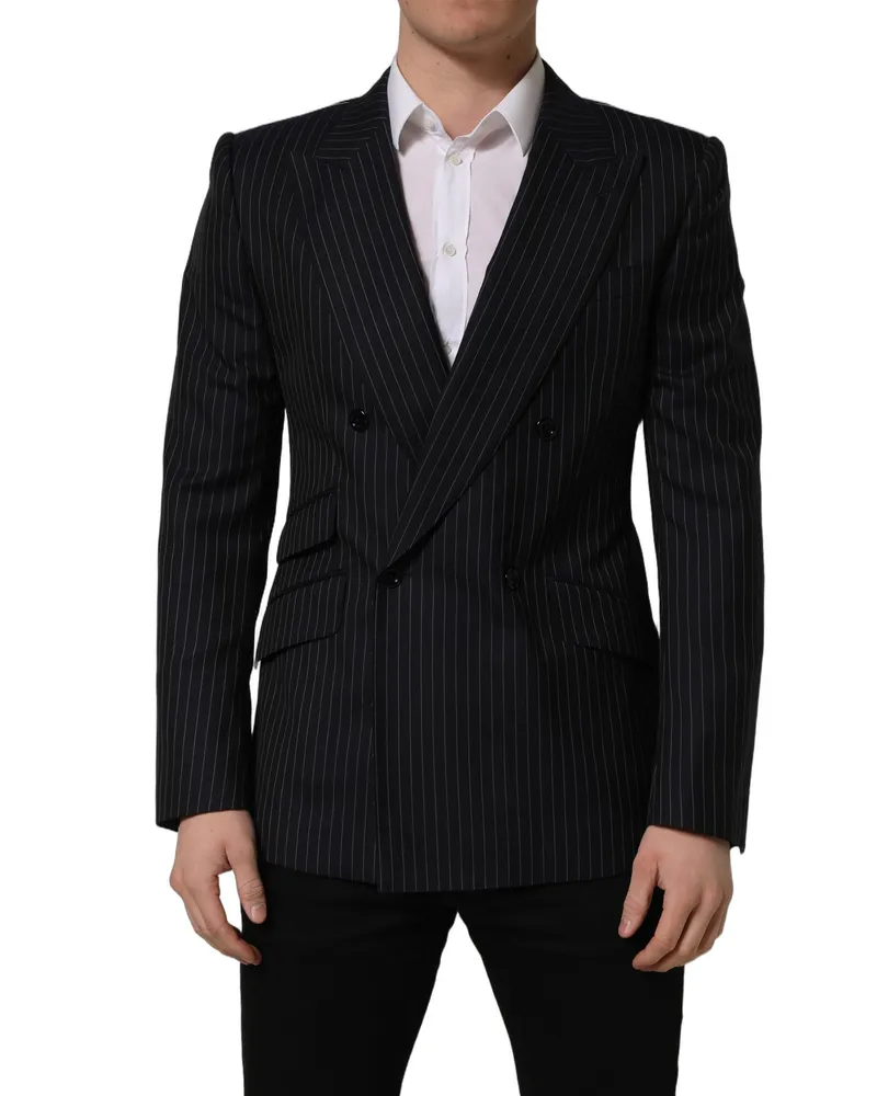 Dolce & Gabbana Men's Black Stripes Wool Double Breasted Jacket Silk Clothing Black