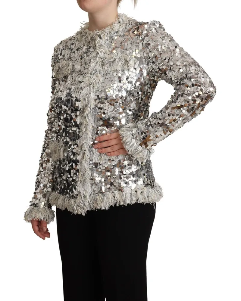 Dolce & Gabbana Women Silver Sequined Shearling Long Sleeves Jacket Nylon Clothing Silver
