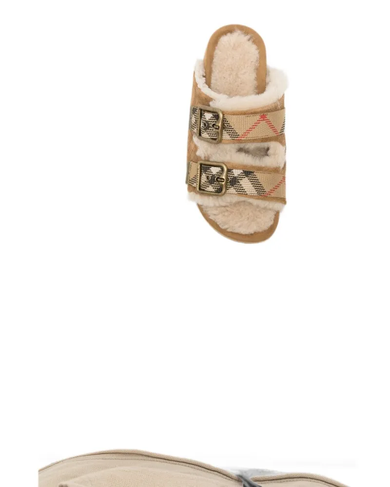 Burberry Shearling-Trim Check Sandal — Beige Beige