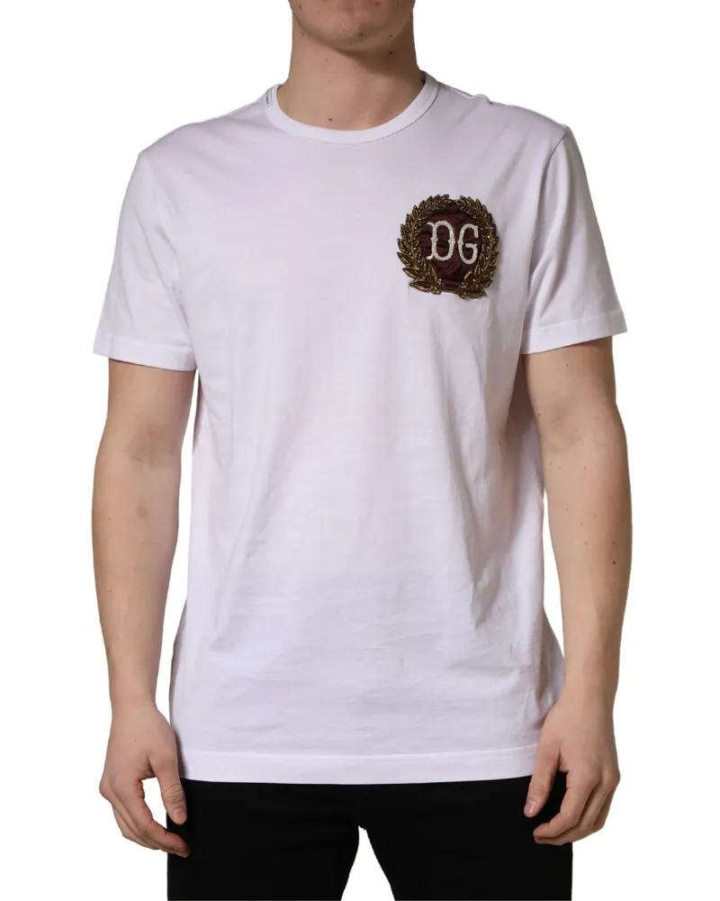 Dolce & Gabbana Men's White Dg Leaf Embroidery Crew Neck T-Shirt Cotton White
