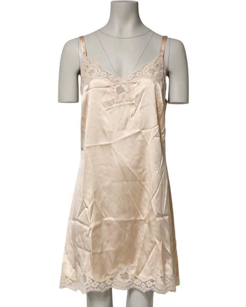 Dolce & Gabbana Women's Nude Chemise Lingerie Silk Blend Lace Trim Dress Beige