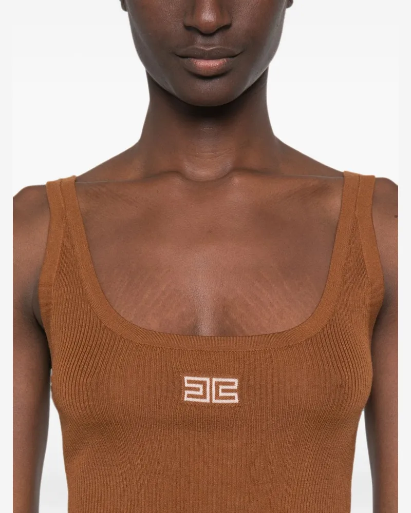 Elisabetta Franchi Ribbed-Knit Logo-Embroidered Tank Top — Caramel Caramel