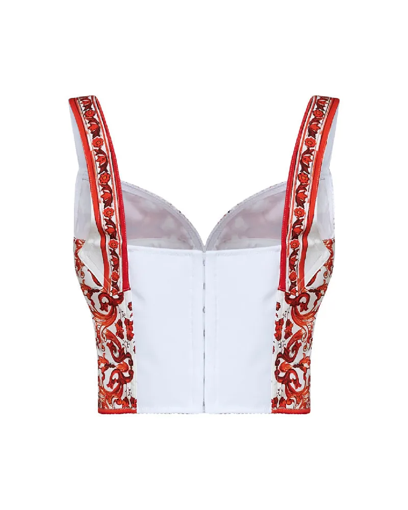 Dolce & Gabbana Women's Bustier Top Maiolica-Print Multicolour Silk Tops Red