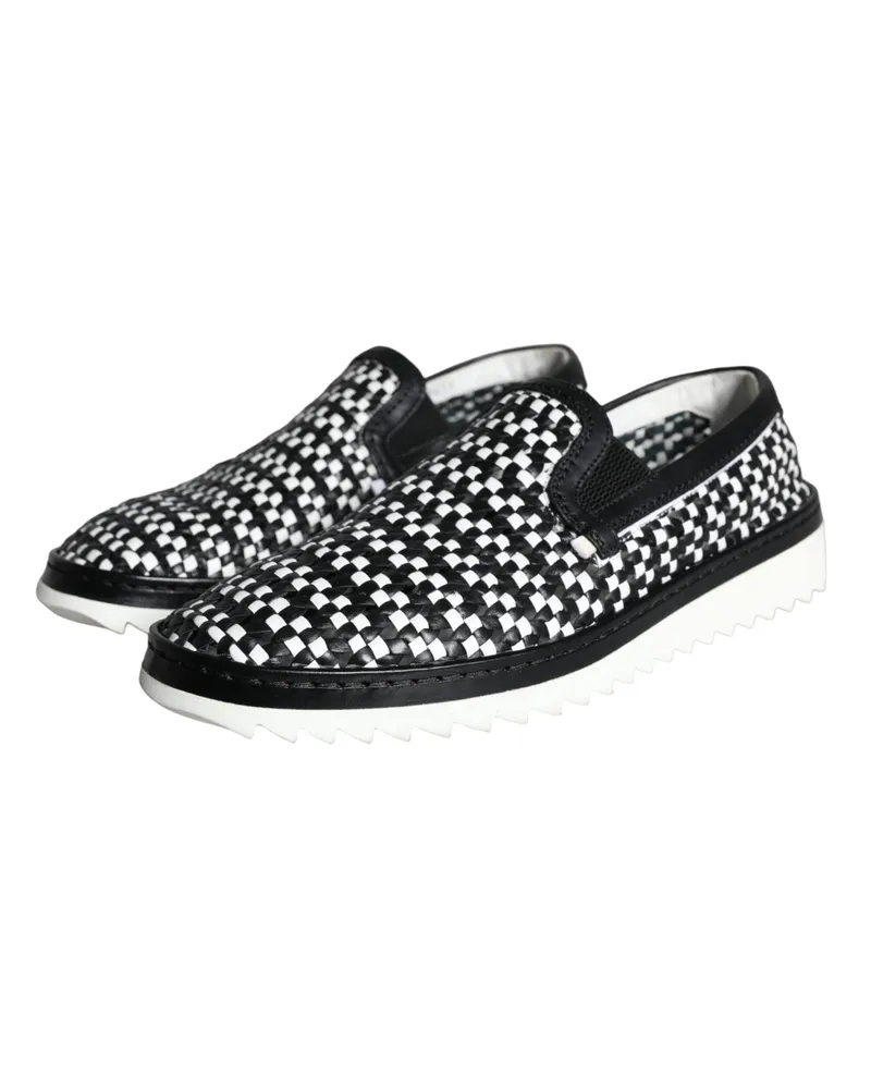 Dolce & Gabbana Black White Weaved Slip On Men Loafers Shoes And Buffalo Calfskin Black