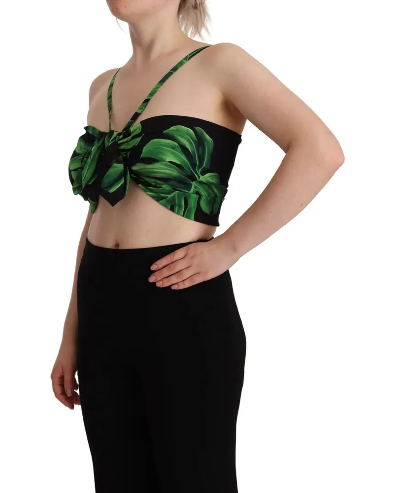 Dolce & Gabbana Women's Black Green Leaf Silk Halter Cropped Top And Elastane Black