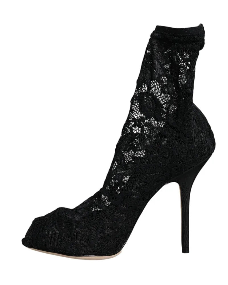 Dolce & Gabbana Women's Black Lace Stretch Heels Mid Calf Boot Shoes Nylon Elastane Viscose Black