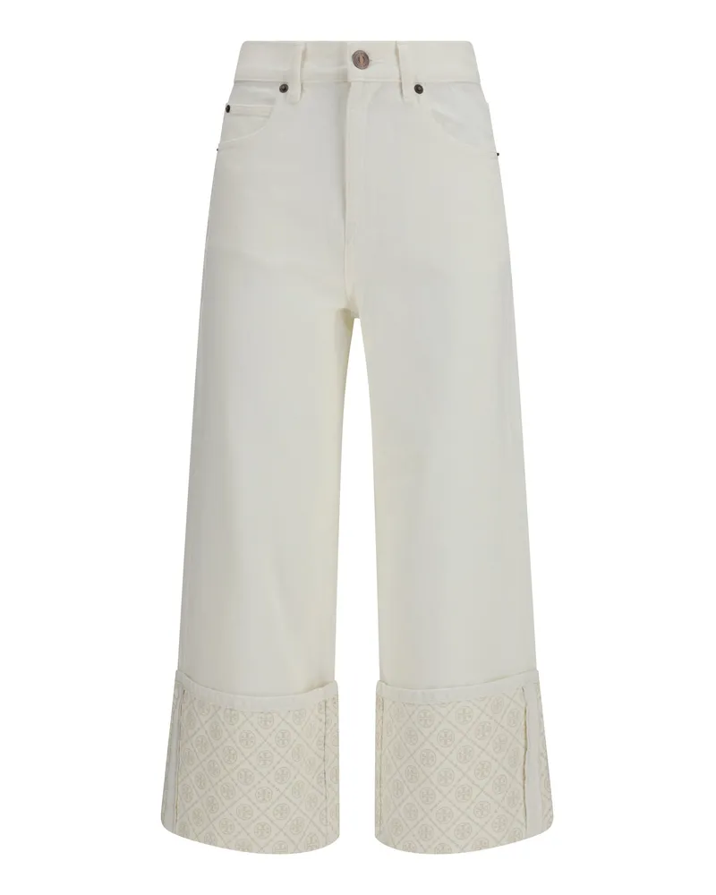 Tory Burch Women's Straight-Leg Jeans With T Monogram Cuffs, White Cotton White