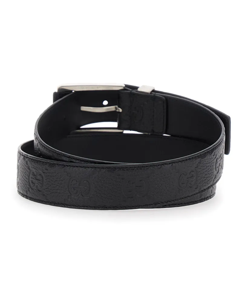 Gucci Men's Black Grained Leather Belt With Square Buckle Calf Black