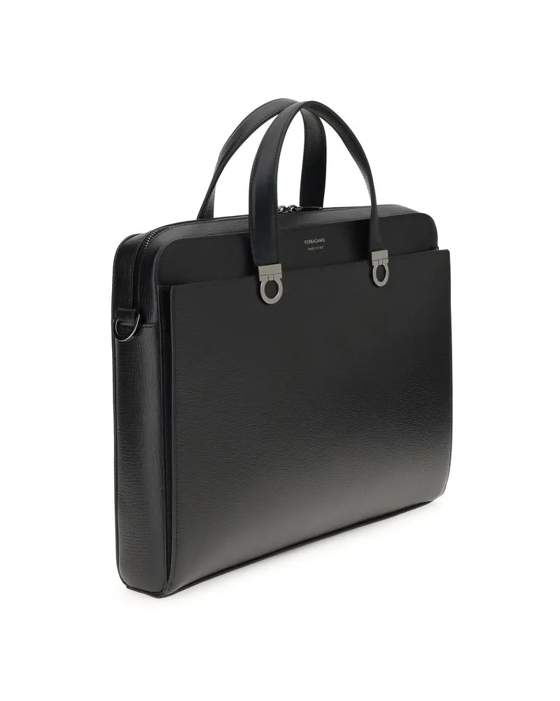 Ferragamo Men's Black Calf Leather Bos Taurus Briefcase Bag Black