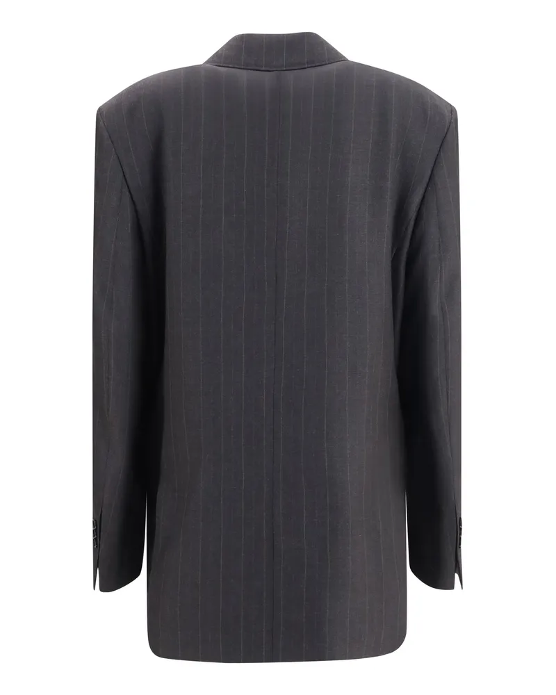 AMI Paris Striped Wool Double-Breasted Blazer — Gray 
