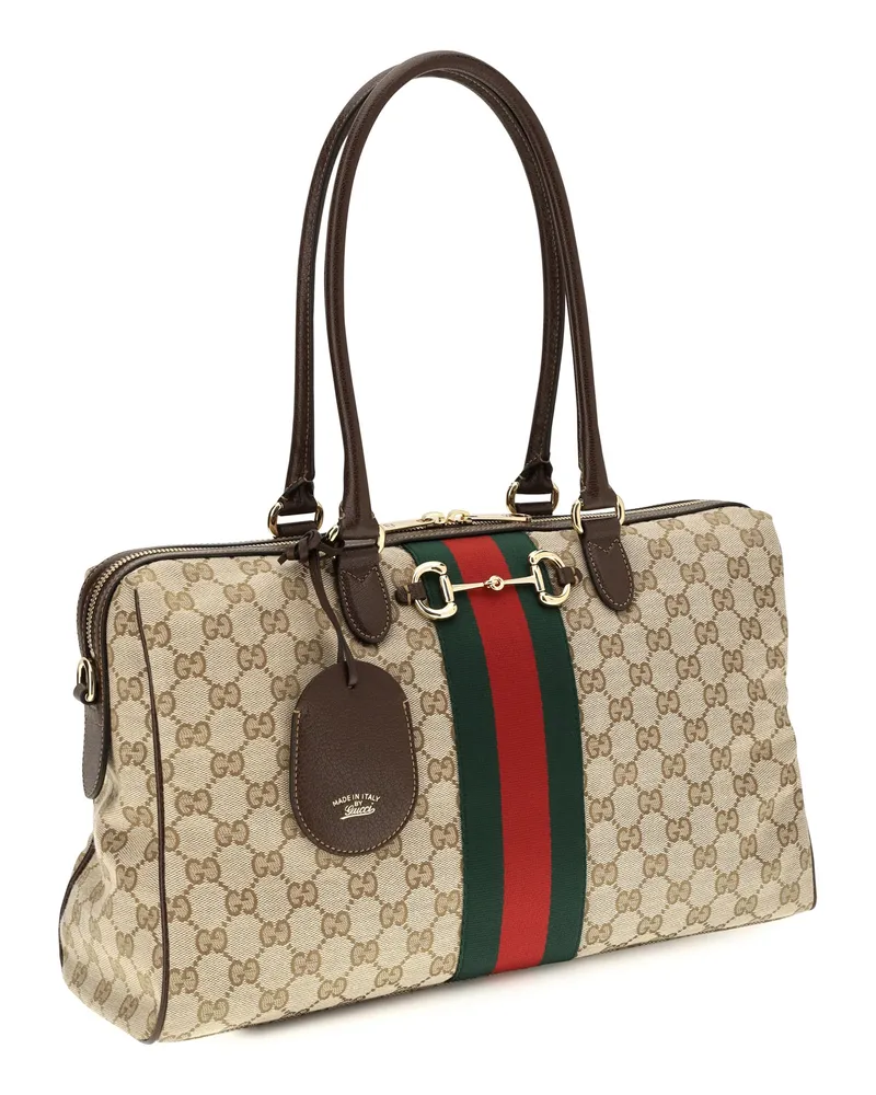 Gucci Women's Large Horsebit Web Top Handle Bag Vint.sand-Dk.bro-Vrv Fabric Handbags Vint.sand/dk.bro/vrv Hand Beige
