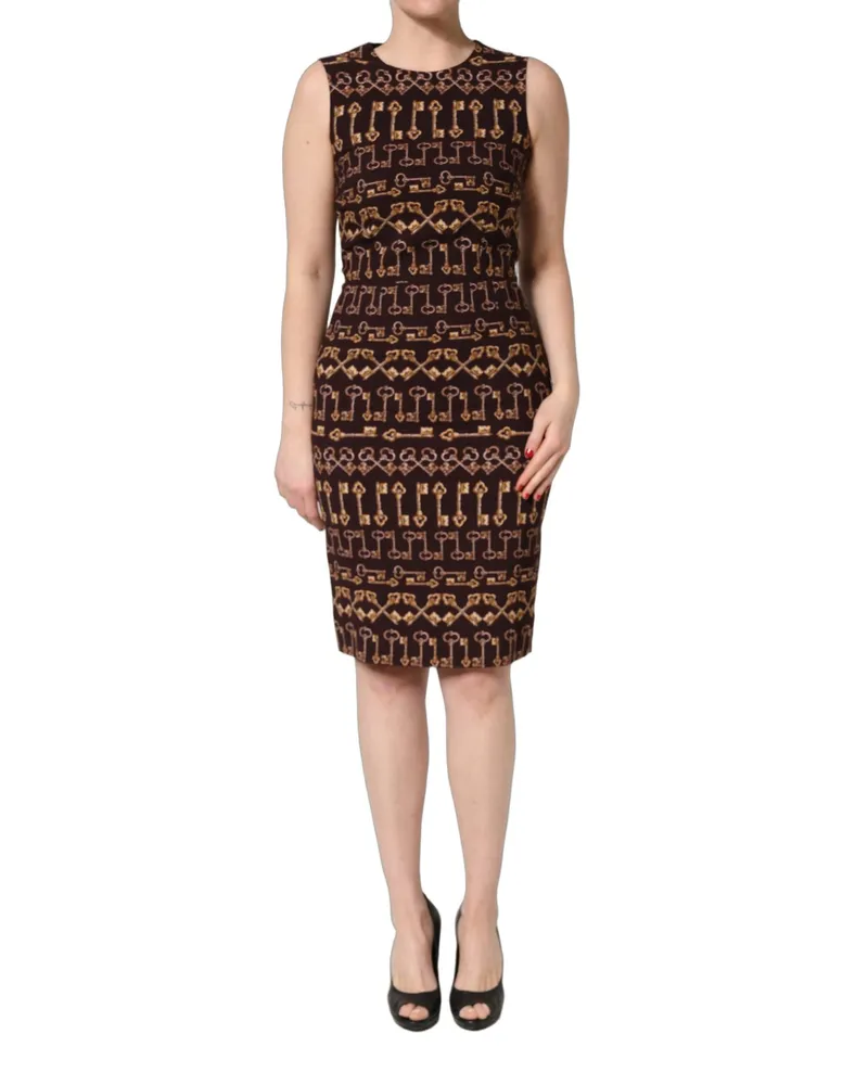 Dolce & Gabbana Women's Brown Keys Fitted Sheath Knee Length Dress Viscose Brown
