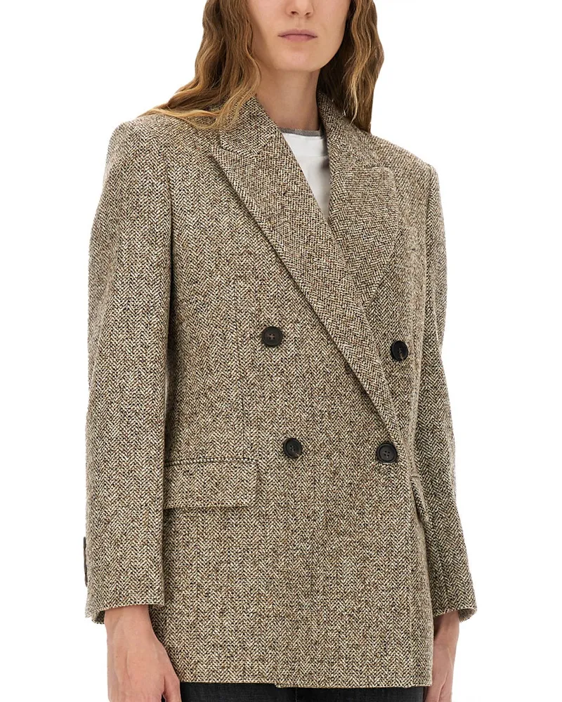 Brunello Cucinelli Wool and Silk Herringbone Jacket — Beige Beige