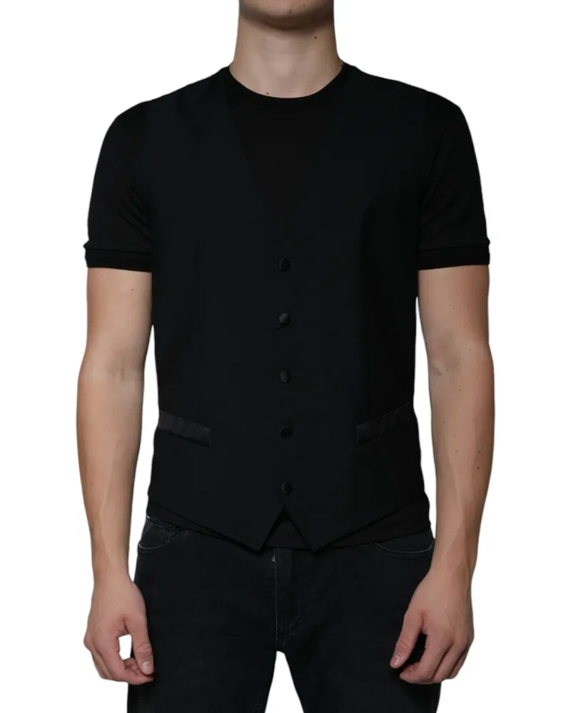 Dolce & Gabbana Black Wool Formal Dress Men Waistcoat Vest Virgin Silk Polyester Black