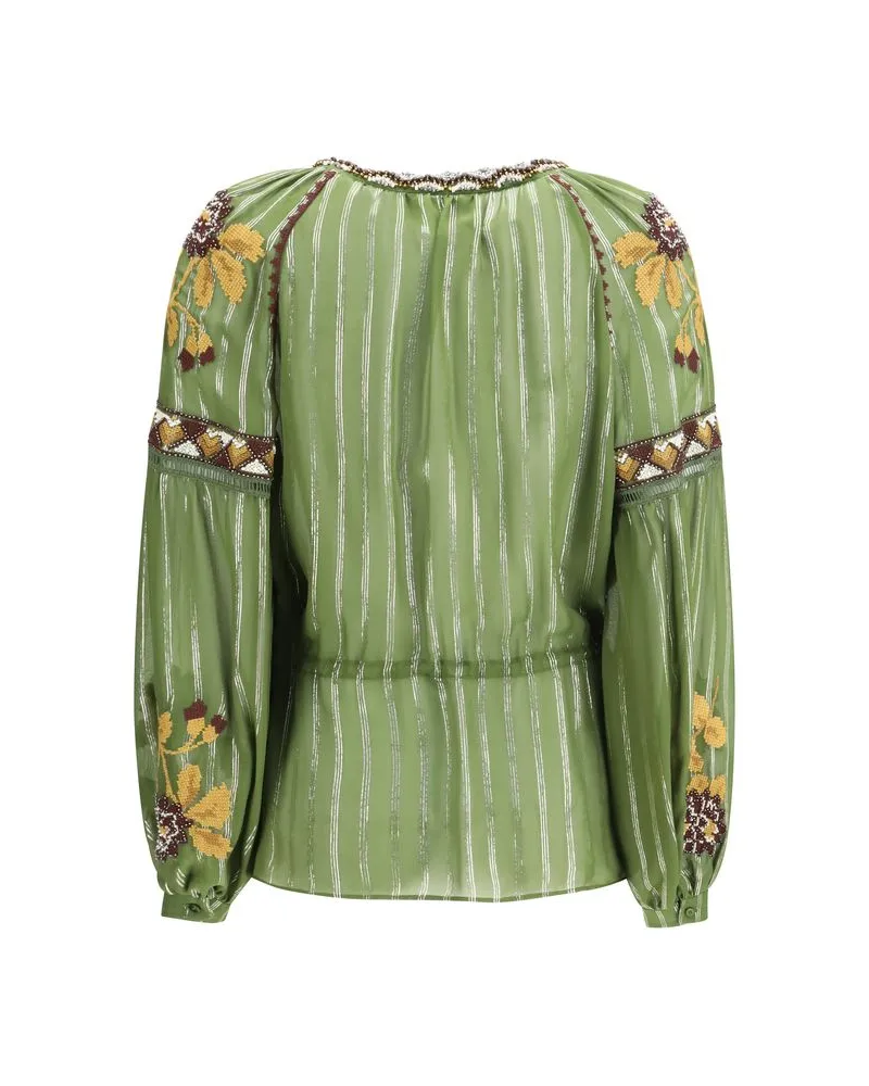 Valentino Garavani Women's Bicolor Silk Pattern Shirt Green