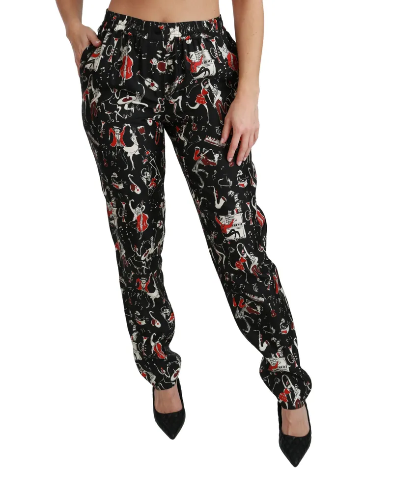 Dolce & Gabbana Women Black Silk Instrument Mid Waist Pants Black