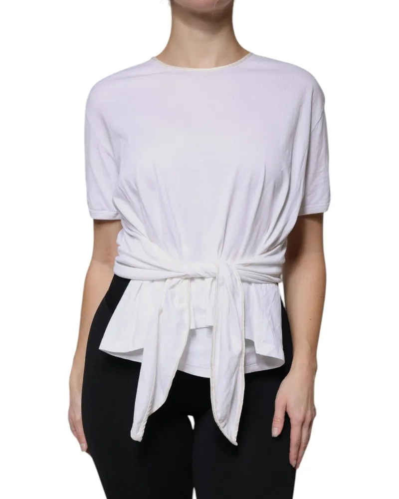 Dolce & Gabbana Women's White Cotton Silk Round Neck Wrap Blouse Top White