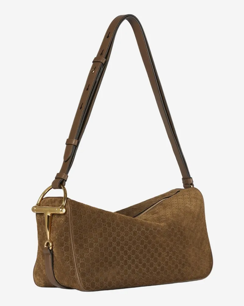 Gucci Women's Half Horsebit Shoulder Bag Brown Suede Handbags Hand Brown