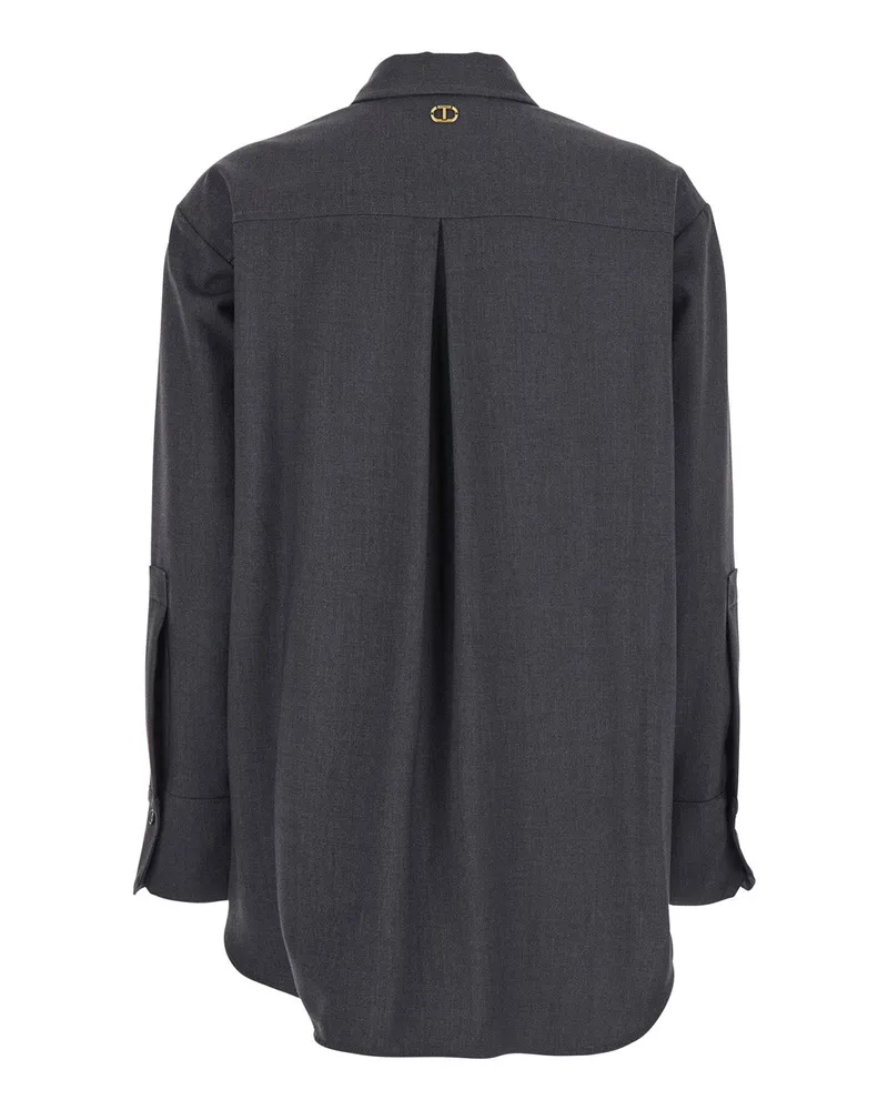 Twin-Set Women's Grey Shirt With Classic Collar And Logo Plaque Textile Paper Blouses Gray