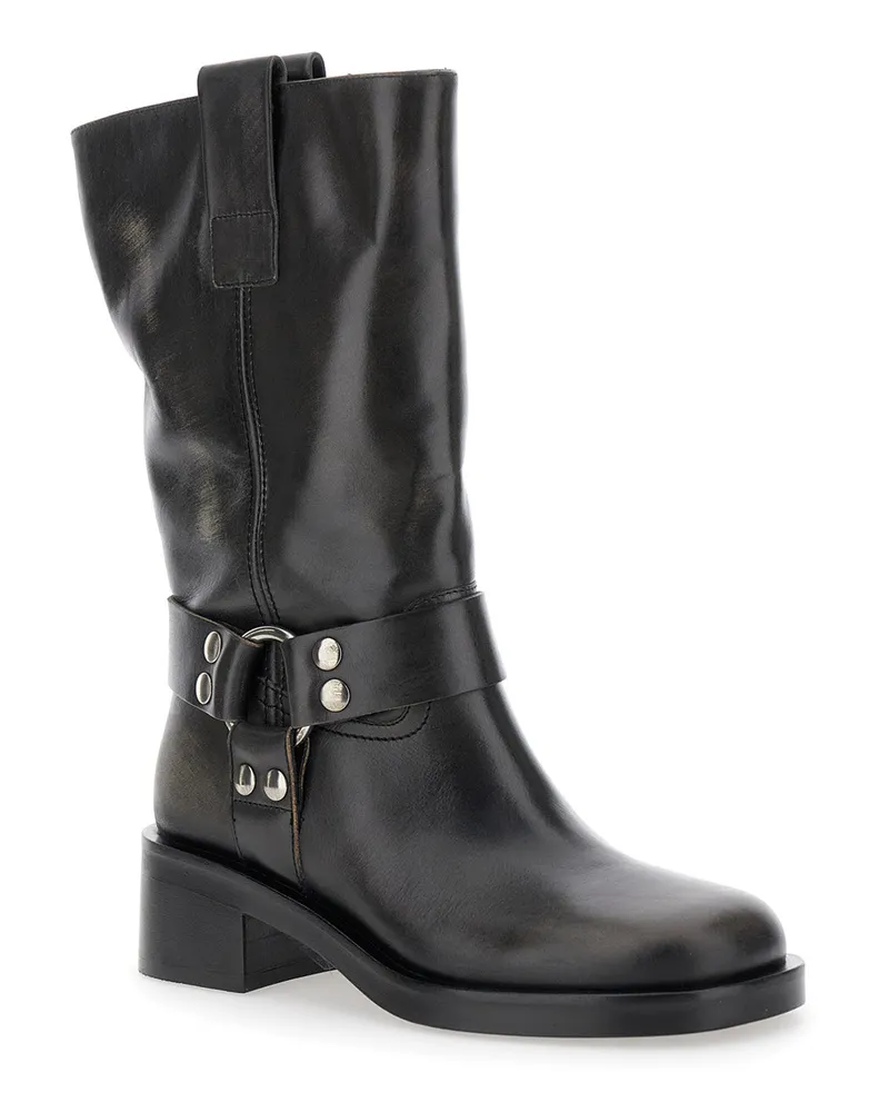 Strategia / JFK Women's Black Leather Ankle Boots With Studs Black