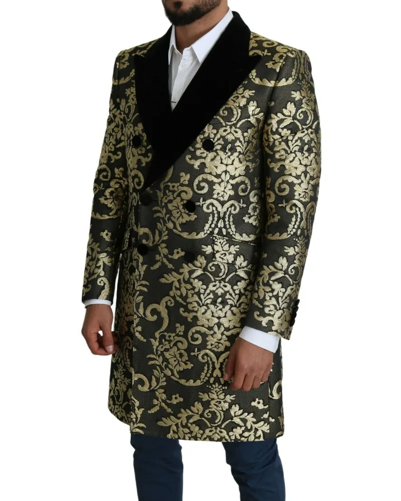 Dolce & Gabbana Men Black Gold Jacquard Long Coat Sicilia Jacket Cotton Polyester Clothing Black