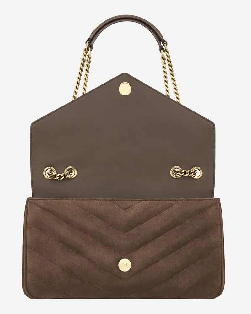 Saint Laurent Women's Loulou Media Bag Matelé Suede Brown Leather Shoulder Brown