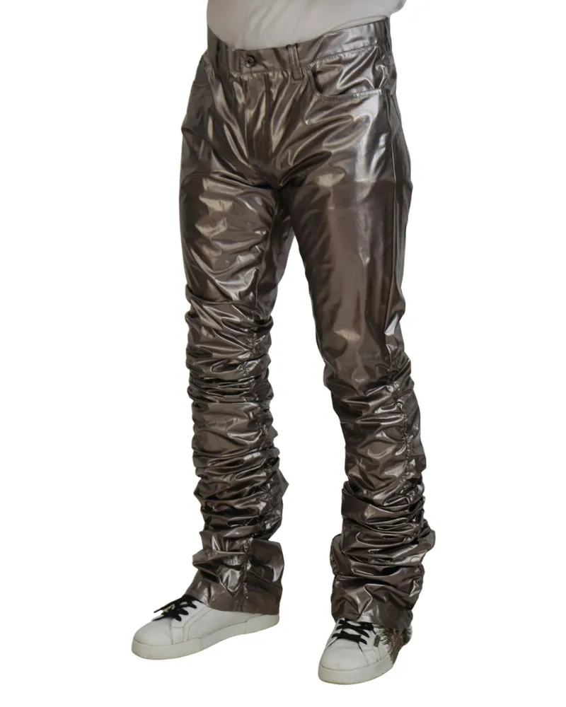 Dolce & Gabbana Men Silver Metallic Nylon Stretch Pants Silver