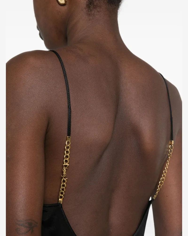 Saint Laurent Satin V-Neck with Chain-Link Detail Tank Top — Black Black