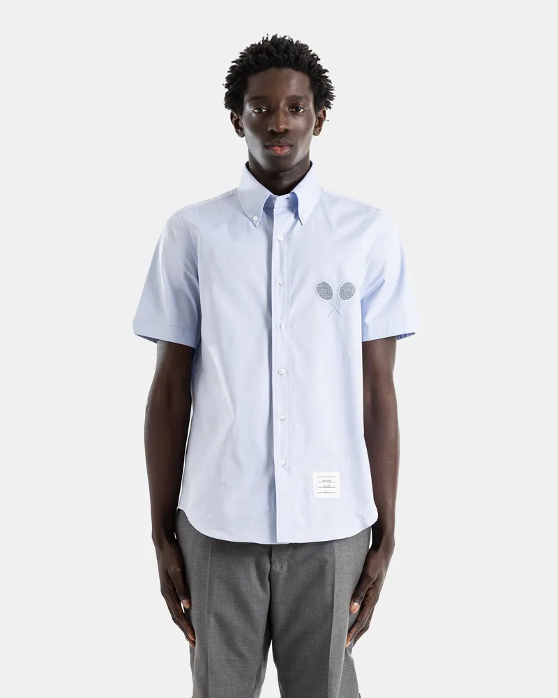 Thom Browne Men's Sky Blue Poplin Short-Sleeved Shirt With Tennis Racket Embroidery Blue