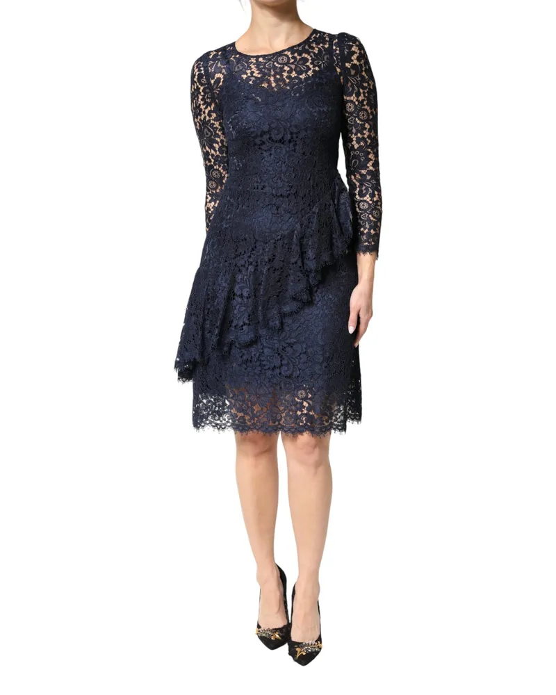 Dolce & Gabbana Women Blue Lace Ruffle A-Line Knee Length Dress Co+ny+ry Blue