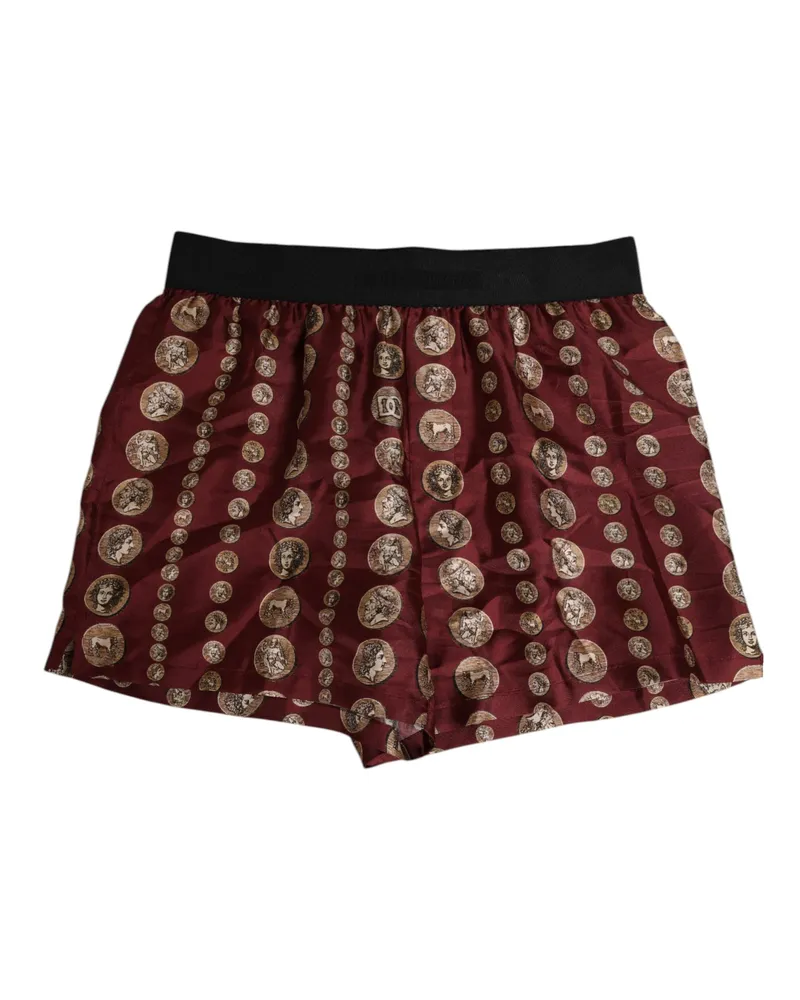 Dolce & Gabbana Burgundy Silk Coin Print Men Boxer Short Swimwear Burgundy