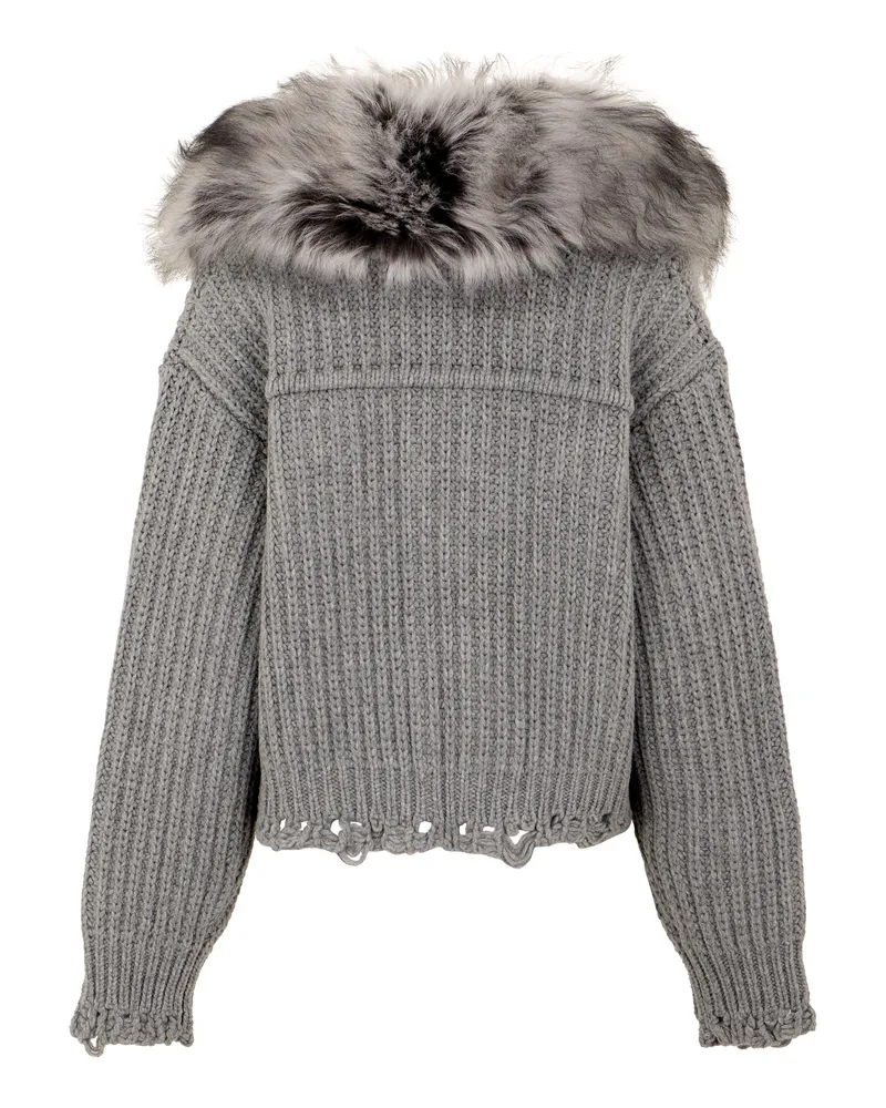 Blumarine Women's Cardigan With Fur Collar, Grey Wool Cardigans Sweater Gray