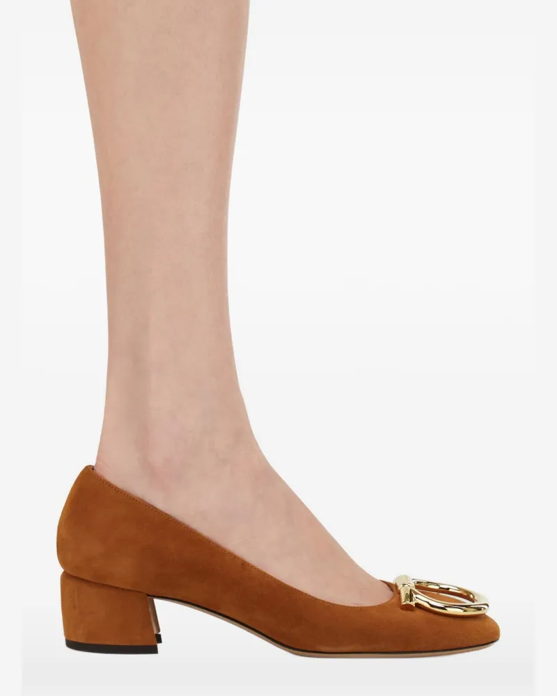Ferragamo Suede Leather Block Heel Pump — Caramel Caramel