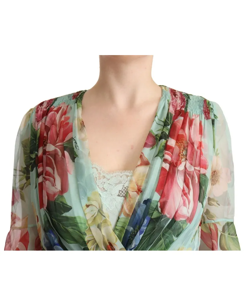 Dolce & Gabbana Women's Green Floral Long Sleeves V-Neck Midi Dress Silk Green
