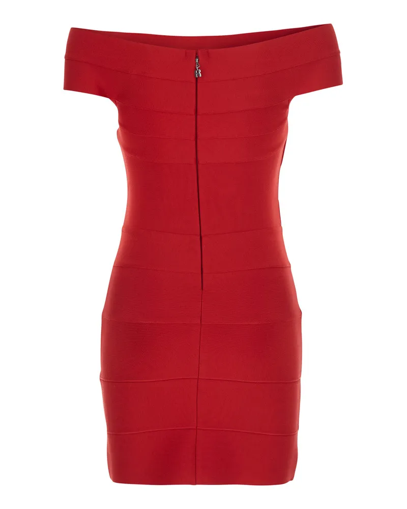 ROTATE Birger Christensen Off-Shoulder Mini Fitted Knit Dress — Red Red