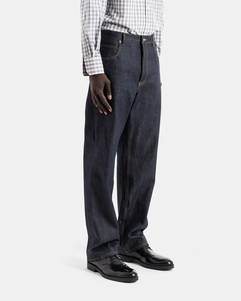 Thom Browne Men's Japanese Raw Indigo Selvedge Denim Straight Cut Button Fly Jeans Blue Navy