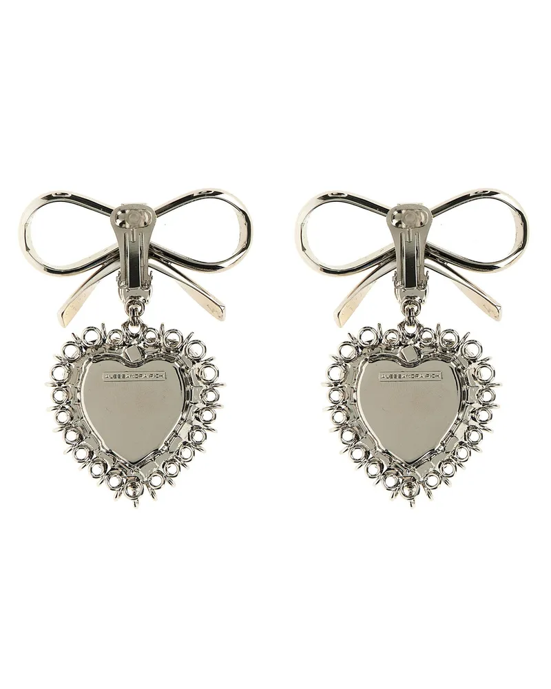 Alessandra Rich Bow-Tied Crystal Heart Earrings — Silver Silver