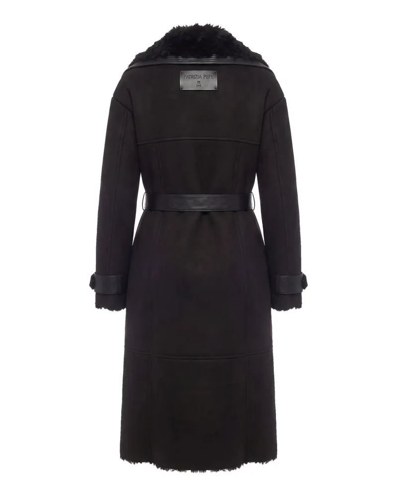 Patrizia Pepe Suede-Effect Fluffy Coat — Black Black
