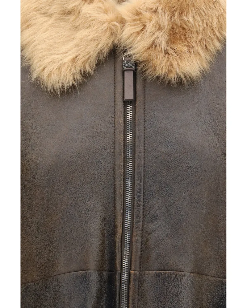 Brunello Cucinelli Shearling Collar Bomber Jacket — Brown Brown