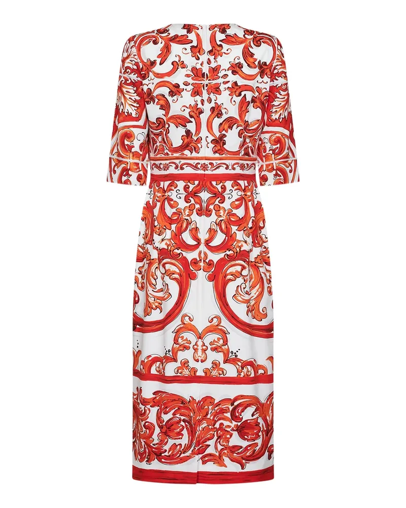 Dolce & Gabbana Women's Midi Dress Orange Maiolica Print Multicolour Silk Red