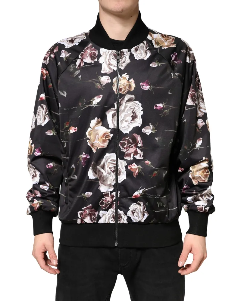 Dolce & Gabbana Men's Black Floral Polyester Full Zip Bomber Jacket Clothing Black