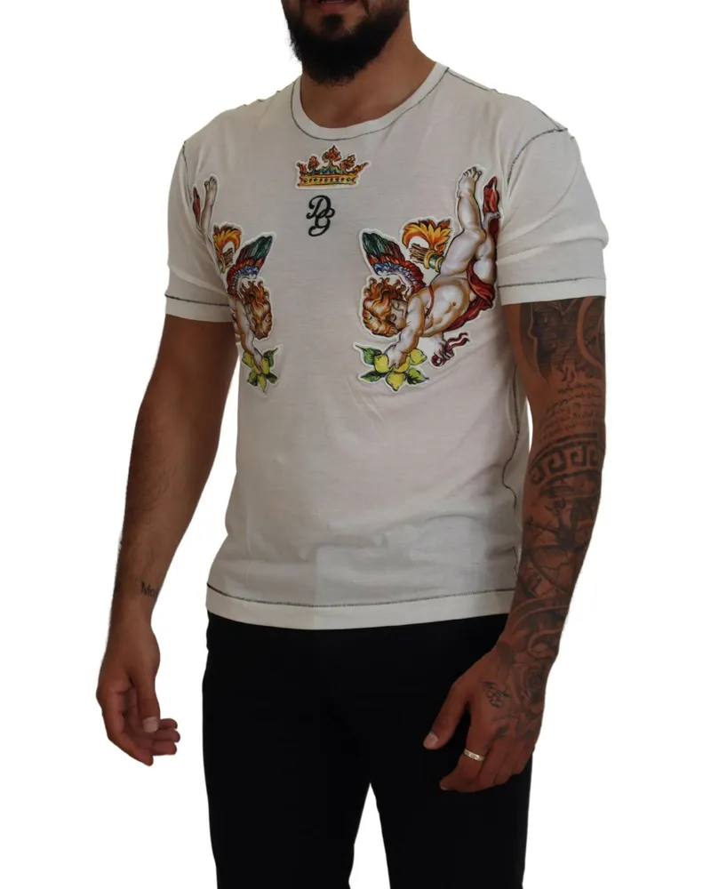 Dolce & Gabbana White Printed Short Sleeves Men T-Shirt Cotton Silk White